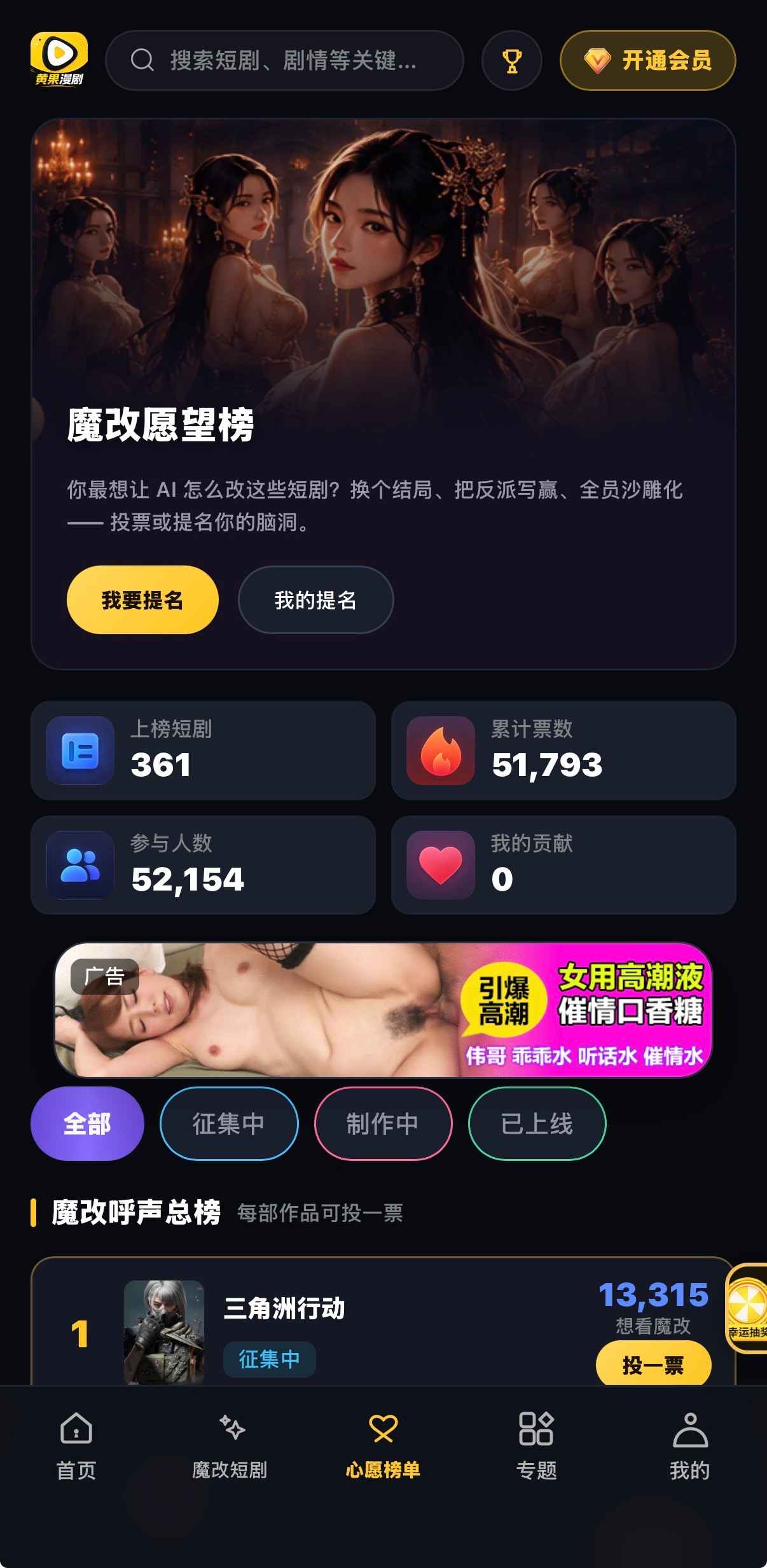 黄果漫剧魔改愿望榜361票51793人52154评测